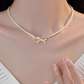 PQT-992 Bow Shape Pearl Pendant Necklace – Elegant Women’s Jewelry in Silver & Gold Finish